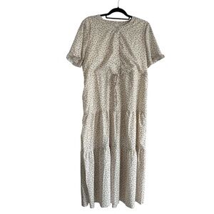 Heyson Ditsy Floral Tiered Midi Ruffled Short Sleeves Tie-Waist Dress Size L EUC